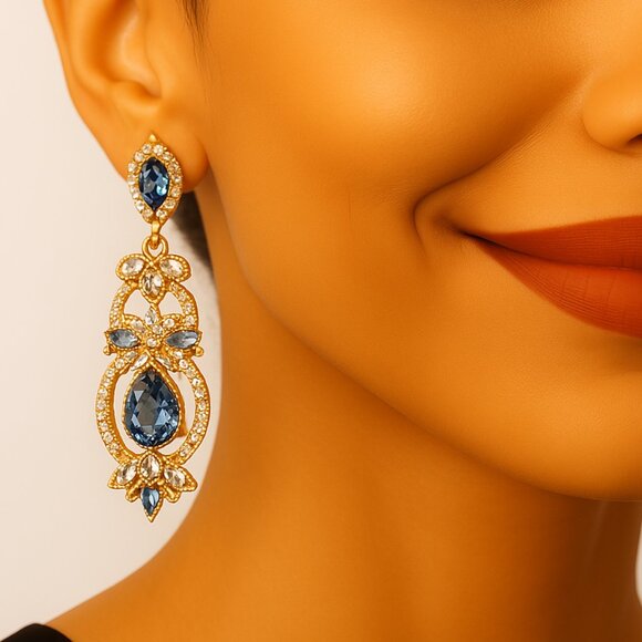 Gold Drop Earrings | 3” Drop Dangle Statement Women Jewelry - Swarovski Crystal - Picture 1 of 6